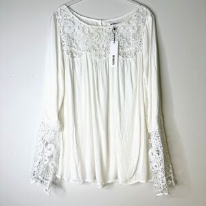 BB Dakota Top Women L White Lace Trim Long Slv Flowy Tunic Boho Fairy Twee NWT